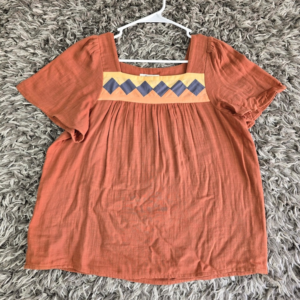 Madewell Womens Small Rust Orange Cotton Gauze Square Neck Applique Blouse